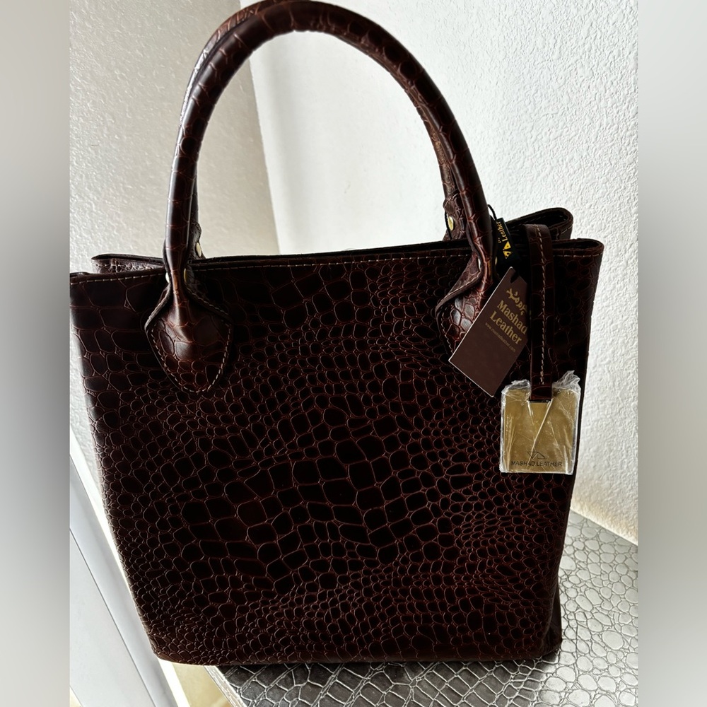 Brand new Mashad expresso brown crocodile leather handbag